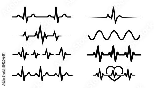 ECG heartbeat, cardiogram, medical icons, vector set