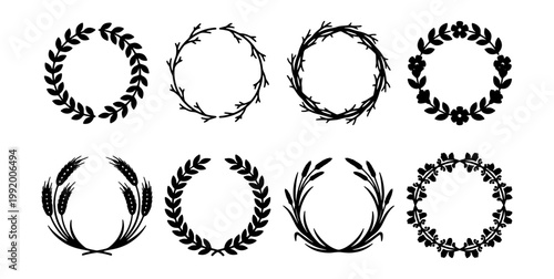 Black Laurel Wreath Vector Set, Floral Frames, Leaf Borders, Ornate Circles