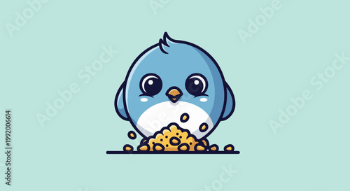 A cute, round blue bird with large eyes pecks at a pile of yellow seeds