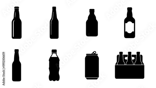 Black beer bottle icons, silhouettes, brewery symbols, vector graphics