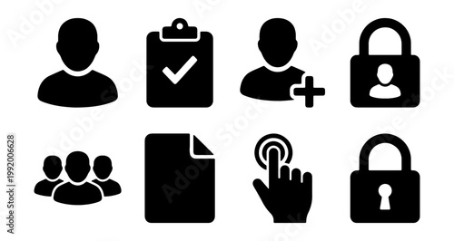 Black security, user, and document icons set, business and privacy symbols