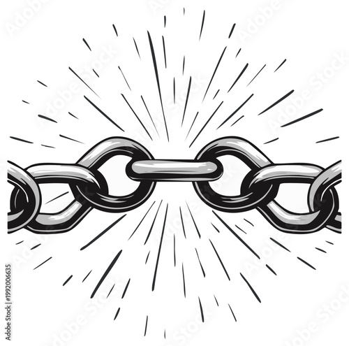 Detailed drawing of a metallic chain links with radiating lines suggesting light or energy