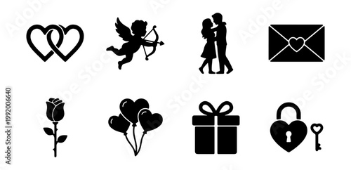 Valentine's Day icons, love symbols, heart shapes, romantic graphics, black vector set