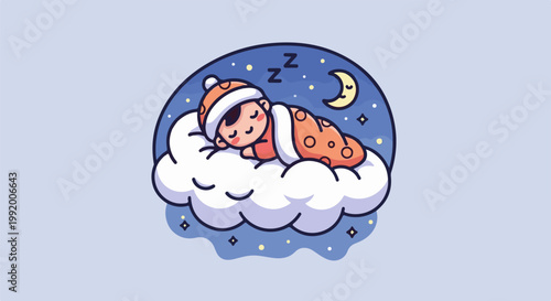 A cozy illustration of a baby sleeping soundly on a fluffy cloud under a starry night sky