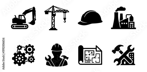 Industrial icons, construction symbols, engineering signs, black vector set