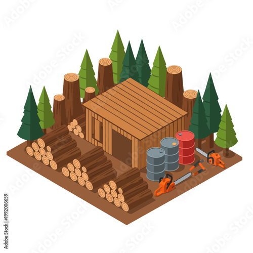 Log Cabin Woodworking Workshop Scene.