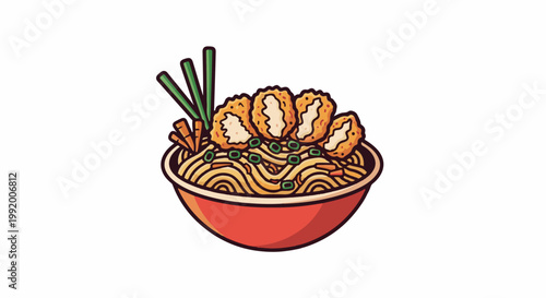 A colorful, stylized bowl of noodles topped with fried morsels and green onions