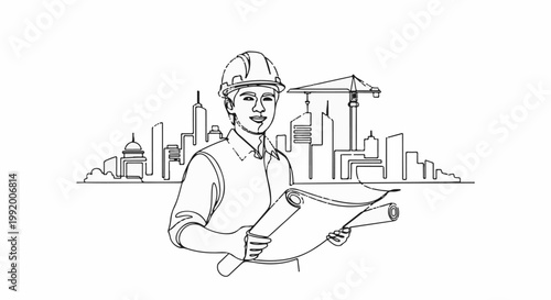 A construction engineer examines blueprints with a city skyline and crane in the background