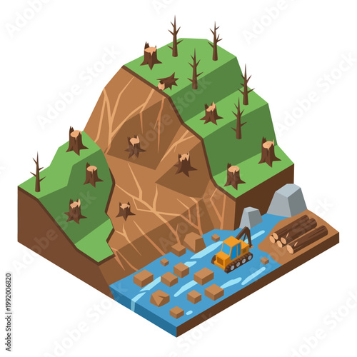 Isometric Illustration of Cliff with Deer and River.