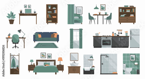 A collection of interior design elements, featuring furniture, appliances, and decorative items for a modern home