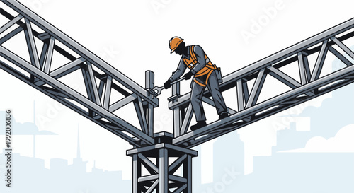 A construction worker in a safety harness tightens a bolt on a large metal truss structure, with city buildings visible in the background