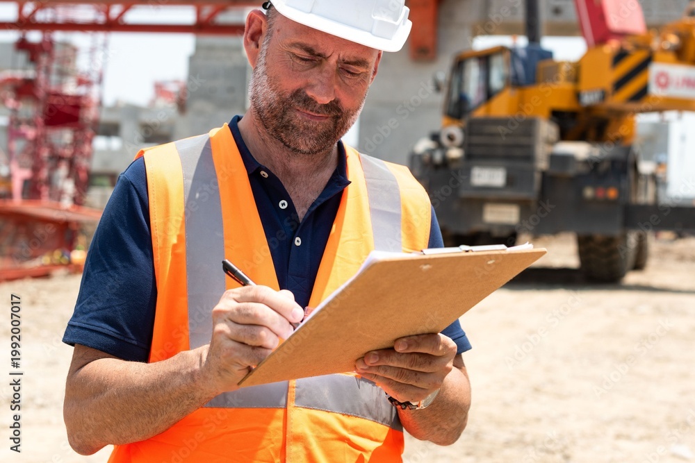 Obraz premium Construction worker inspecting site.