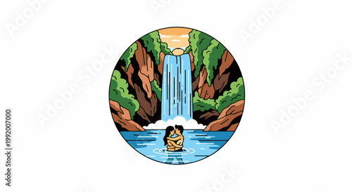 A couple embraces in cool water beneath a majestic waterfall, surrounded by lush green foliage and rocky cliffs