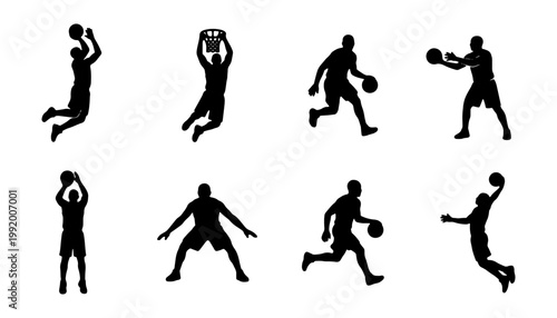 Basketball, sports, icons, set of 8 silhouettes, black
