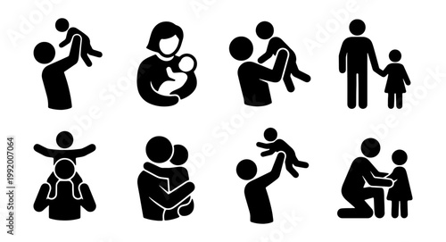 Family icon set, black silhouette parent and child symbols, 8 vector people pictograms