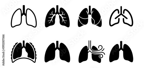 Human lungs icon set, respiratory system vector icons, 8 medical lung anatomy symbols
