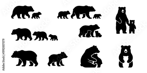 Black bear silhouette set, grizzly bear mother and cub icons, wild animal vector