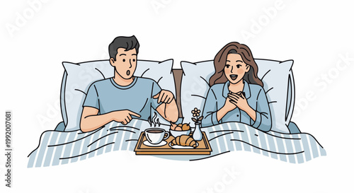 A couple enjoys a surprise breakfast in bed, with coffee, croissant, and fruit