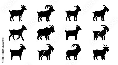 Goat silhouette icons, 12 farm animal vector set, black livestock goat symbols