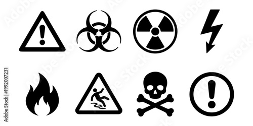 Hazard warning icons set, 8 industrial safety symbols, black caution vector graphics