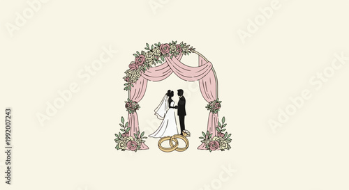 A couple in silhouette stands under a floral arch at a wedding ceremony with rings