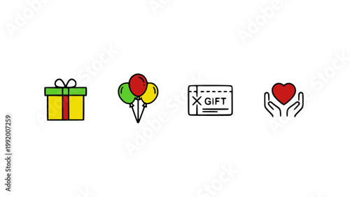Icons combining presents, balloons, and heart symbols.