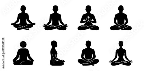 Yoga meditation silhouette set, black lotus pose icons, zen wellness vector graphics