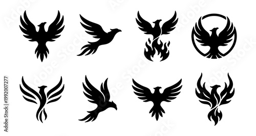 Phoenix bird logo set, 8 mythical firebird icons, black eagle silhouettes for branding