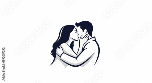A couple shares an intimate kiss, embracing tenderly in a stylized depiction