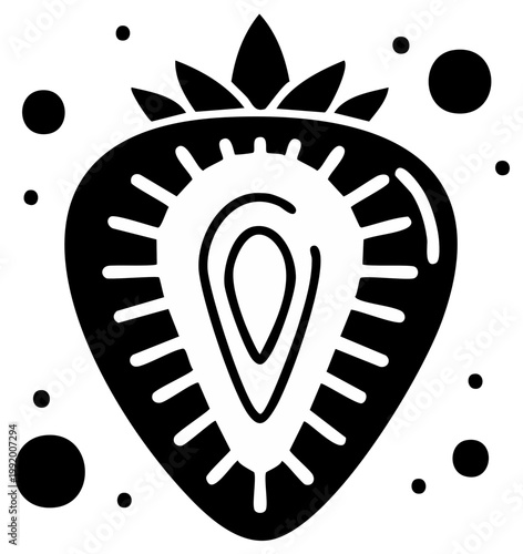 Minimalist black and white healthy strawberry icon cut in half showing internal details