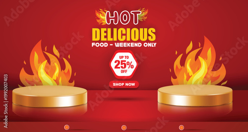 hot delicious menu discount with landscape template banner and copy space 3d podium for product sale with abstract gradient red background design