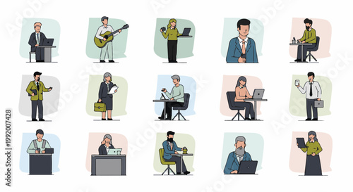 A collection of pixel art illustrations depicting diverse individuals engaged in professional or leisure activities