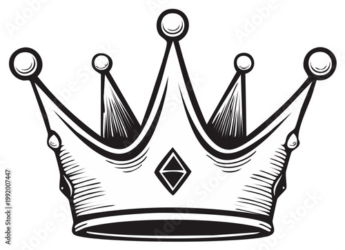 Ornate Royal Crown with Diamond Emblem Black and White Illustration