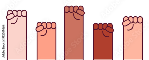 Clenched fists, hands raised illustration isolated. Power, victory, protest, political activism, empowerment, social change, community concept. Line vector, editable stroke Design element clip art