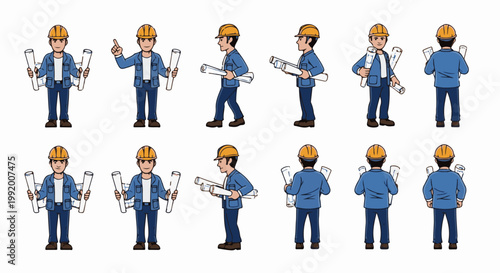 A collection of pixel art illustrations shows a construction worker in various poses with rolled blueprints