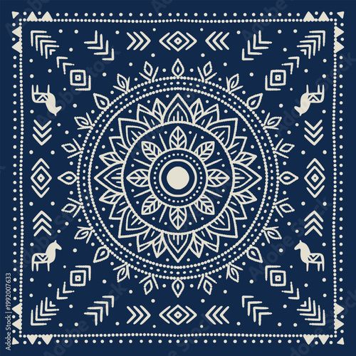 Boho Ethnic Bandana Pattern with Llama and Mandala Illustration