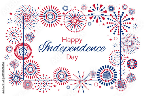 Fourth of July blue, red fireworks display illustration on transparent background. USA Independence Day, July 4th, United States of America holiday banner, border, frame, design element. Flat vector