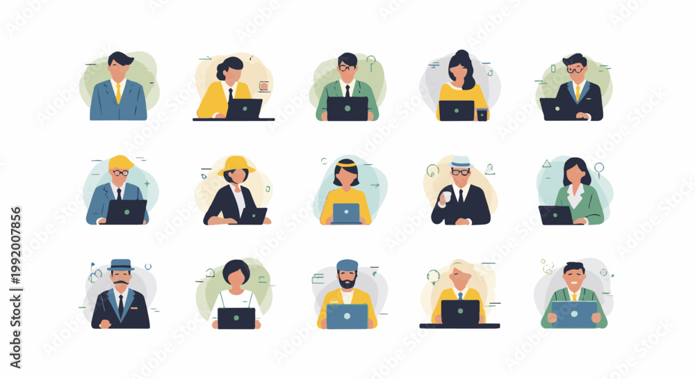 Fototapeta premium A collage of diverse illustrated professionals, each engaged with a laptop in a stylized office setting