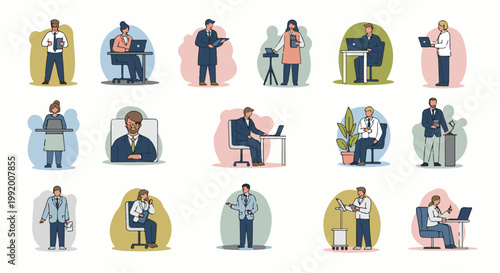 A collage of diverse individuals in professional attire, engaged in various work-related activities, depicted with simple, colorful outlines
