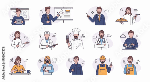 A collage of diverse professionals in a simplified, colorful, hand-drawn style