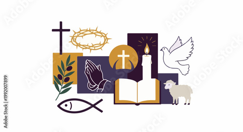 A collage of religious symbols cross, crown of thorns, dove, sheep, fish, prayer hands, candle, and book