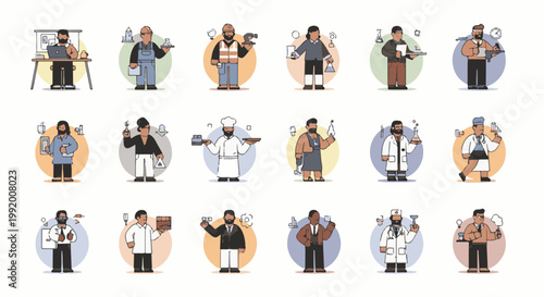 A collection of 15 diverse cartoon professionals in circular backgrounds