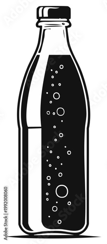 Stylized dark beverage in glass bottle with many bubbles