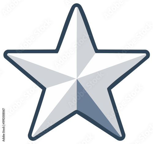 A stylized metallic silver five-pointed star with a dark outline and sharp edges