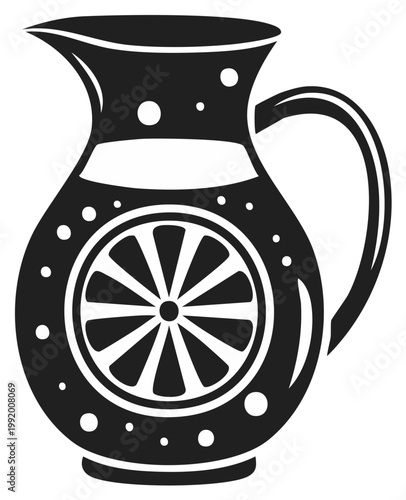 Black and White Graphic Pitcher with Citrus Slice Design Refreshing Summer Drink Icon