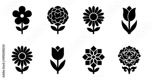 Floral Icons, Black Flower Symbols, Vector Graphics, 8 Silhouette Designs