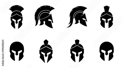 Gladiator helmets, ancient warrior icons, black silhouette set, 8 emblems