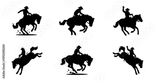 Rodeo cowboy silhouettes, bucking bronco horse vector set, wild west riding icons