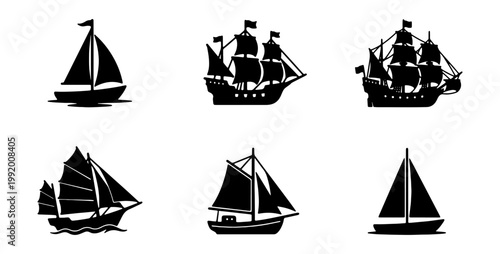 Vintage sailing ship silhouettes, 6 nautical boat icons, antique vessel vector set