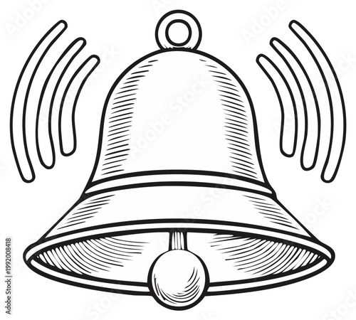Antique hand-drawn bell illustration with sound waves emanating outwards